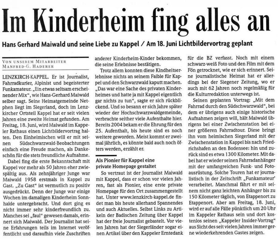 Über meine LIebe zu Kappel - erschienen in der Badischen Zeitung