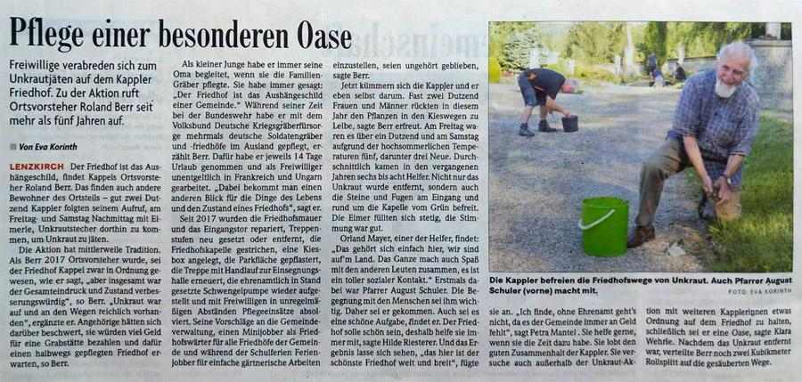 Freiwillige verabreden sich zum Unkrautjäten auf dem Kappeler Friedhof Freiwillige verabreden sich zum Unkrautjäten auf dem Kappeler Friedhof